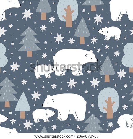 Cute Bear Mom and baby - vector illustration. Cartoon seamless pattern with bear family and north stars in flat style