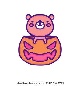 Cute bear and monster pumpkin illustration, with soft pop style and old style 90s cartoon drawings. Artwork for sticker, t shirt, clothes.