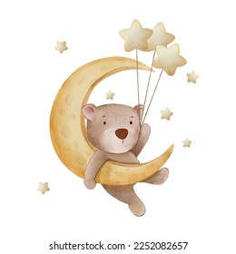 oso lindo con luna y estrellas acuarela ilustración con fondo aislado para la guardería, el bebé y los niños