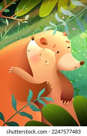 Cute bear mother in the forest hugging her cub. Children illustration with bear mom love to her baby. Forest animals parenting cartoon for kids. Fantasy vector drawing in watercolor style.