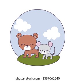 cute bear with mouse in landscape