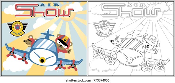 Cute bear with mouse on airplane, vector cartoon illustration, coloring book or page