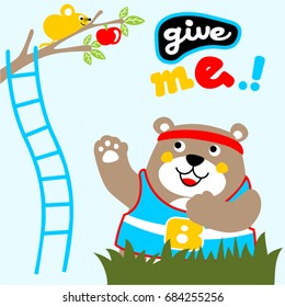 Cute bear with mouse picking fruit, vector cartoon illustration