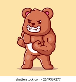 Cute Bear Muscular Cartoon Vector Icon Illustration. Animal Nature Icon Concept Isolated Premium Vector. Flat Cartoon Style