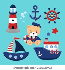 Cute Bear In Nautical Theme Clipart Set.  Flat Vector Cartoon Design