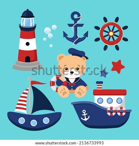 Cute bear in nautical theme clipart set.  Flat vector cartoon design