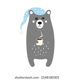 cute bear in night hat and with cup of hot drink,  flat vector illustration of cute animal isolated on white background