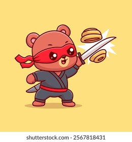 Cute Bear Ninja Slash Honeycomb With Katana Sword Cartoon 
Vector Icon Illustration. Animal Holiday Icon Concept Isolated 
Premium Vector. Flat Cartoon Style 