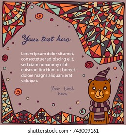 Cute bear on abstract background. Children's book page template.