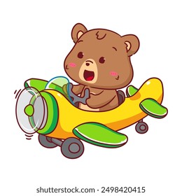 Cute Bear on Airplane Cartoon Vector Illustration. Kawaii Adorable Animal Pilot Concept Design. Travel And Transportation Themes. Isolated White Background.