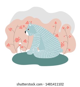 Cute bear on a background of trees. Hand drawn illustration in scandinavian style.