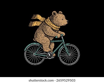 Cute Bear on Bicycle – Hand-drawn Engraving Illustration in Retro Style