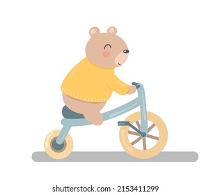 Cute Bear On A Bike. Illustration For Children's Book, Magazine, Postcard, Poster. Children's Character Illustration.

