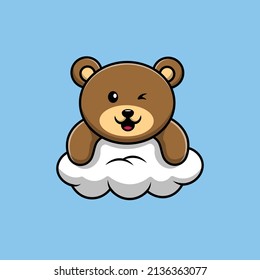 Cute Bear On Cloud Cartoon Vector Icon Illustration. Animal Nature Icon Concept Isolated Premium Vector. Flat Cartoon Style