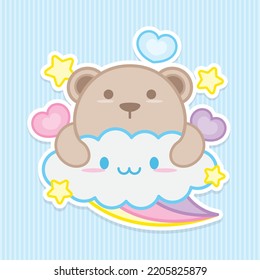 Cute Bear On Cloud With Rainbow Illustration Graphic Vector In Kawaii Style