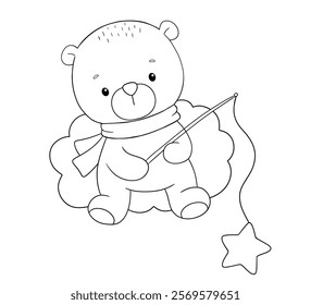 Cute bear on cloud with star on a fishing rod, line hand drawn illustration isolated on white background for coloring book