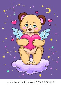 Cute bear on cloud with winged heart, constellations, crescent, stars and space on background. Vector illustration