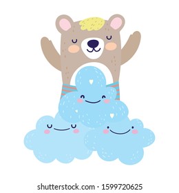 Cute bear on clouds with hearts decoration. Cartoon vector illustration for baby shower.