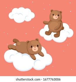 Cute bear on fluffy cloud on orange background. Character design