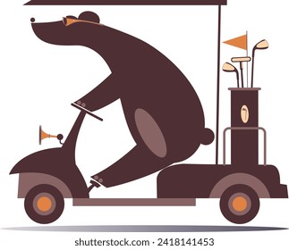 El oso lindo en el carro de golf va a jugar al golf. 
Oso lindo yendo a jugar al golf en el carrito de golf. Aislado sobre fondo blanco
