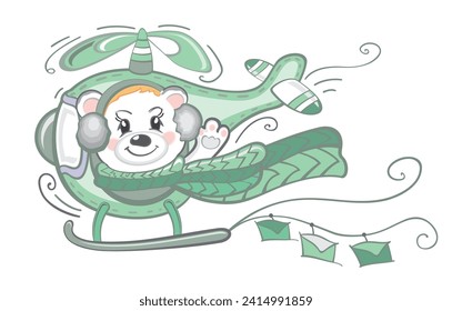 Cute bear on a helicopter cartoon hand drawn vector illustration. Can be used for t-shirt print, kids wear fashion design, baby shower invitation card.