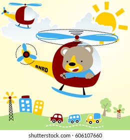Cute bear on helicopter flying across small town, vector cartoon illustration