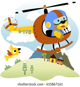 Cute bear on helicopter with little bird flying across village, vector cartoon illustration