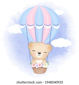 Cute Bear on hot air balloon hand drawn cartoon animal illustration