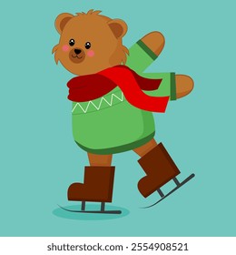 Cute Bear On Ice Skates, Happy Cute Winter Tedy Bear Character Playing Ice Skate Illustration