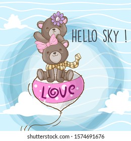  Cute bear on the love balloon cartoon illustration for kids. Little bear wearing scarf and ribbon in the sky. Little bears fly in the blue with pink balloon 