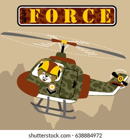 Cute bear on military helicopter, vector cartoon illustration