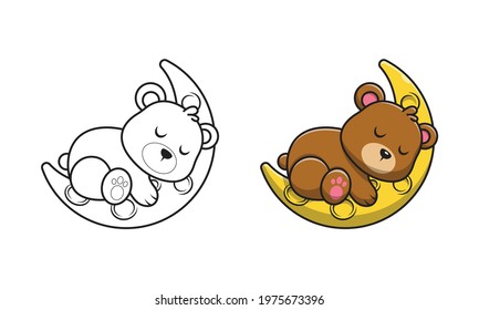 Cute bear on moon cartoon coloring pages