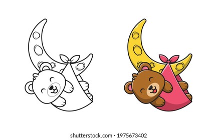 Cute bear on moon cartoon coloring pages