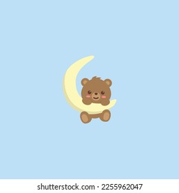 Cute bear on moon flat design, vector illustration