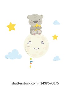 Cute bear on the moon holding a star cartoon flat vector illustration for kids. Perfect for t-shirt print, nursery  textile, kids wear fashion design, baby shower invitation card.