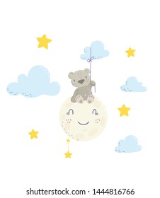 Cute bear on the moon holding a cloud balloon cartoon flat vector illustration for kids. Perfect for t-shirt print, nursery  textile, kids wear fashion design, baby shower invitation card.