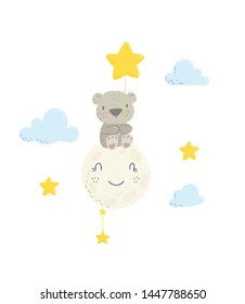 Cute Bear On The Moon Holding A  Star Ballon Cartoon Flat Vector Illustration For Kids. Perfect For T-shirt Print, Nursery  Textile, Kids Wear Fashion Design, Baby Shower Invitation Card.