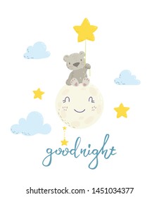 Cute bear on the moon holding a  star ballon cartoon flat vector illustration for kids. Perfect for t-shirt print, nursery  textile, kids wear fashion design, baby shower invitation card.