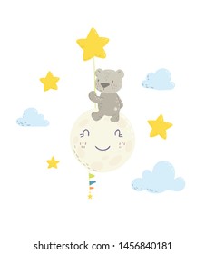 Cute bear on the moon holding a  star ballon cartoon flat vector illustration for kids. Perfect for t-shirt print, nursery  textile, kids wear fashion design, baby shower invitation card.