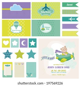 Cute Bear on a Plane. for Birthday, Baby Shower, Party Decoration in vector