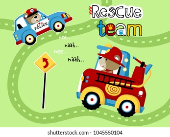 Cute bear on police car and other bear on fire truck in the road. Vector cartoon illustration