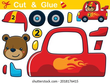Cute bear on racing car. Cutout and gluing. Vector cartoon illustration