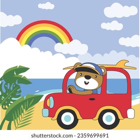 Cute bear on the rainbow beach, cute bear in the summer van, cute summer graphic