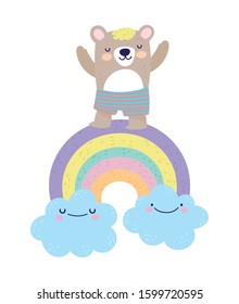 Cute bear on rainbow with clouds. Cartoon vector illustration for baby shower.