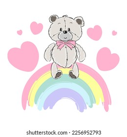 Cute bear on rainbow with hearts. Cartoon vector illustration for baby, child