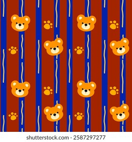 Cute bear on red background, fabric pattern, gift wrapping paper , seamless pattern 