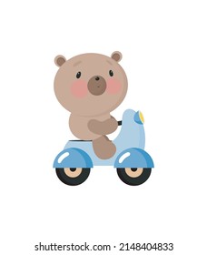 Cute Bear on the Scooter. Vector illustration in cartoon style. For card, posters, banners, books, printing on the pack, printing on clothes, fabric, wallpaper, textile or dishes.