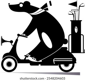 Cute bear on the scooter is on the way to the golf course. Cartoon bear going to play golf in the golf cart. Black and white illustration
