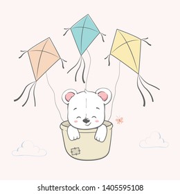 Cute bear on the sky by kites cartoon hand drawn vecter illustration. Use for Happy birthday invitation card, T-shirt print, baby shower.