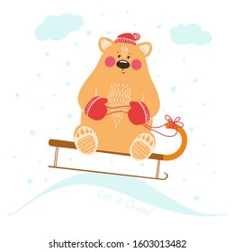 Cute bear on a sled. Winter fairytale landscape. Vector illustration